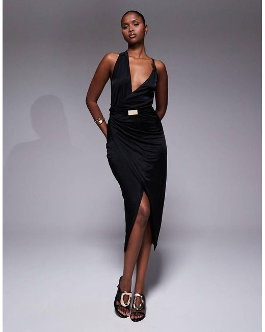 JLUXLABEL Black Anniversary Belted Wrap Midaxi Dress