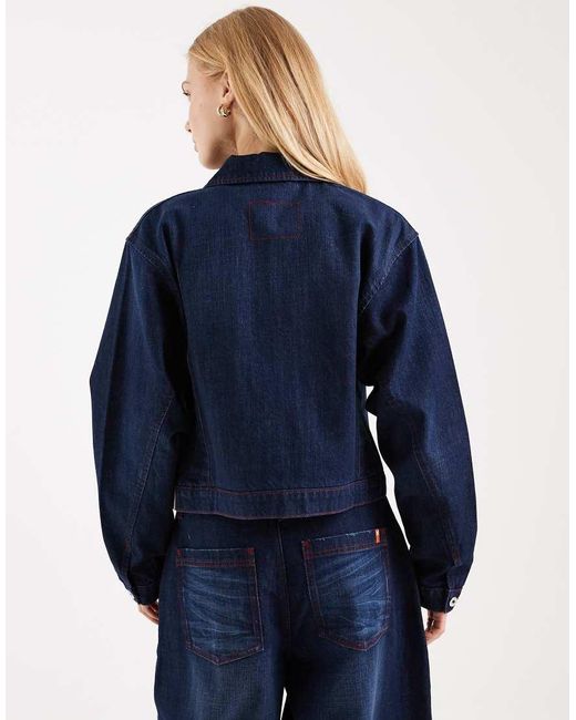 Collusion Blue Circular Design Collection Boxy Crop Denim Jacket Co Ord