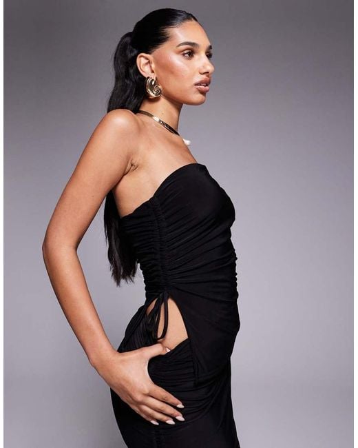 Kaiia Black Exclusive Double Layered Slinky Bandeau Ruched Tie Side Top Co-Ord