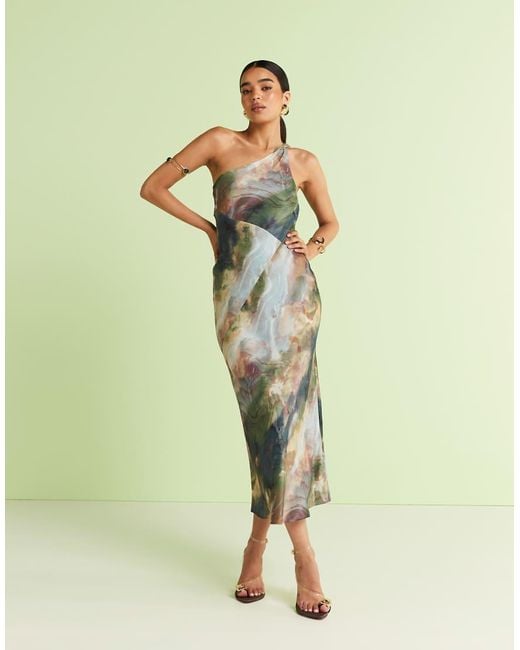 & Other Stories Green One Shoulder Satin Midi Dress With Twisted Strap Detail