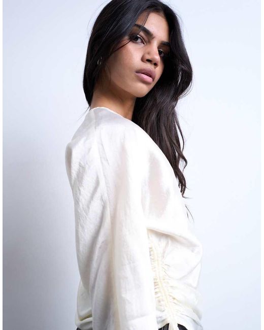 TOPSHOP White Long Sleeve Ruched Side Top