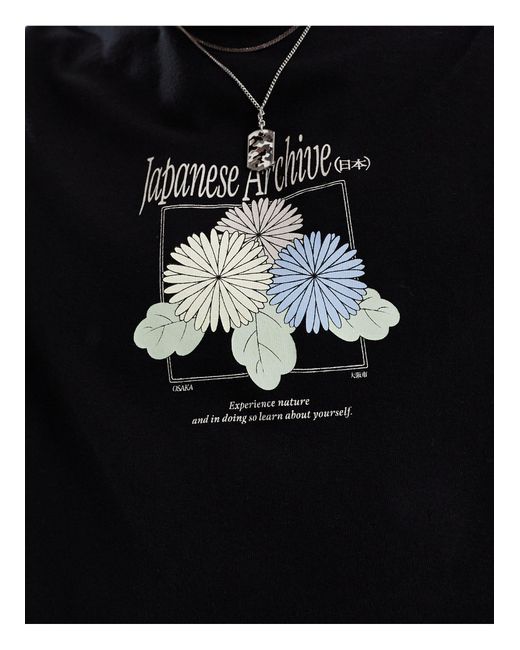 SELECTED Black Oversized T-shirt With Japanese Flower Chest Print for men