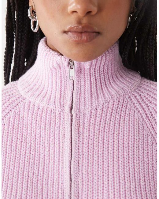 Monki Pink Rib Knit Two Way Zipper Cardigan