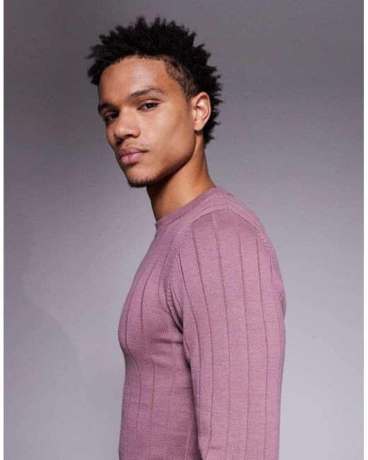 ASOS Purple Muscle Fit Long Sleeve Knitted Rib T-Shirt for men