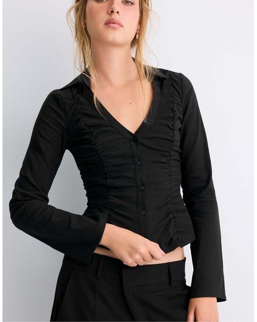 Stradivarius Black V-neck Gathered Shirt