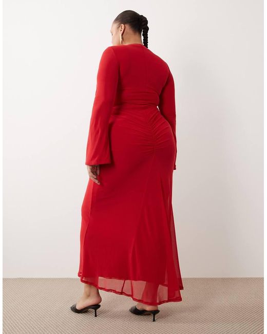 ASOS Red Asos Design Curve Mesh Long Sleeve Maxi Dress With Twist Detail