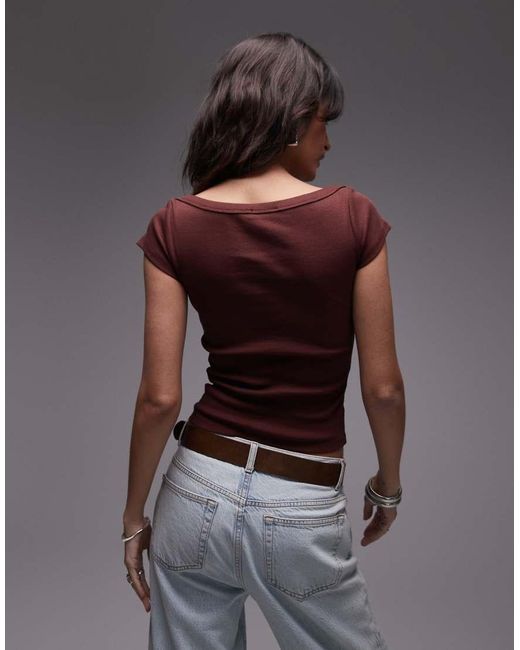 TOPSHOP Top Van Jersey Met Rechte Hals En Kapmouwtjes in het Brown