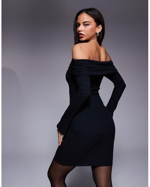 ASOS Blue Ribbed Ruched Bardot Mini Dress