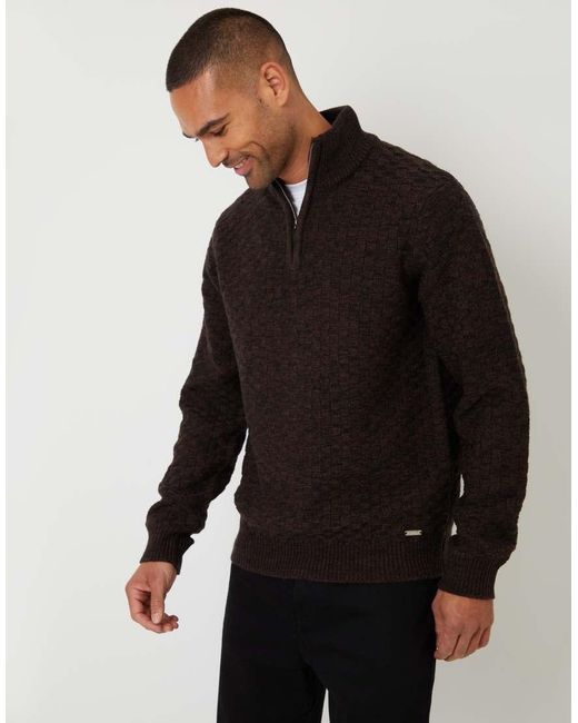 Threadbare Black Textured Quarter Zip Jumper With Wool for men