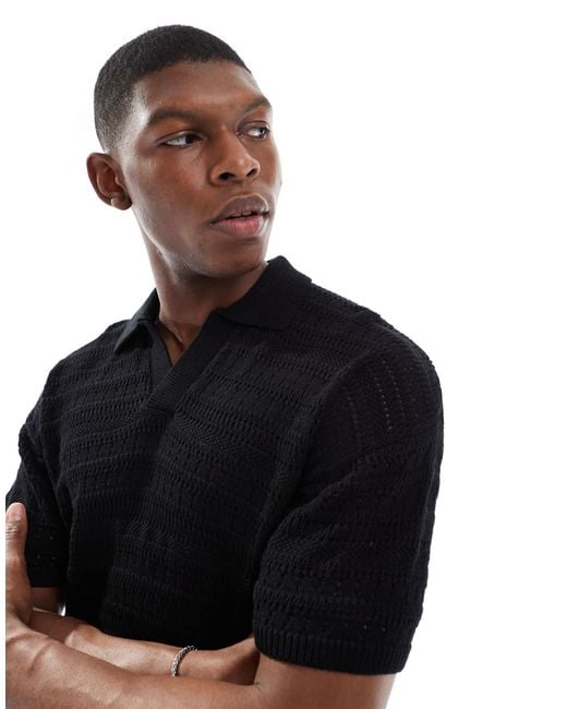Only & Sons Black Drop Shoulder Open Knit Split Neck Polo for men