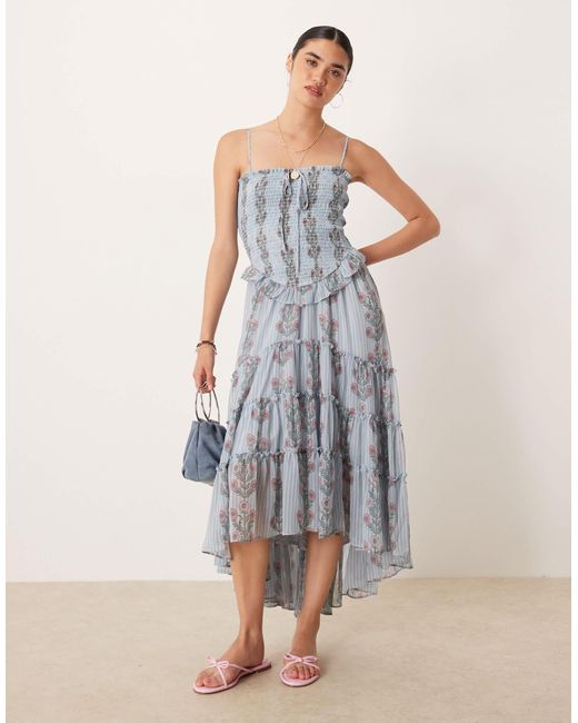 Free People Women's Blue Ruched Ruffle Midi Dress Free People Women's Blue Ruched Ruffle Midi Dress