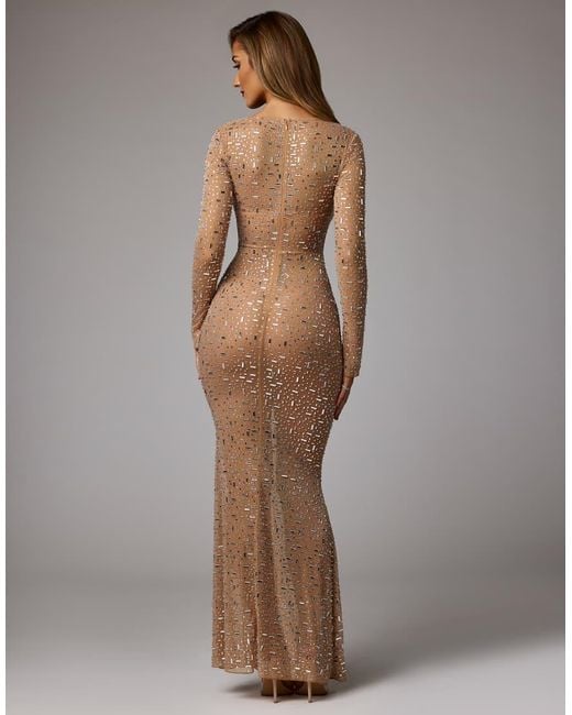 Oh Polly Purple Long Sleeved Bodycon Hot Fix Embellished Maxi Dress