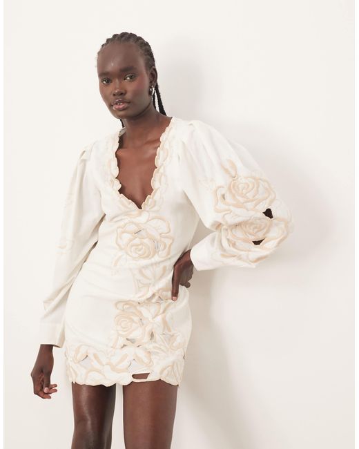 ARRANGE Natural Placed Floral Cut Work Volume Sleeve Mini Dress