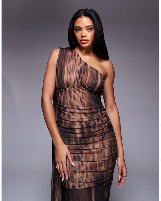 ASOS Multicolor Printed Mesh Asymmetrical Ruched Maxi Dress With Drape