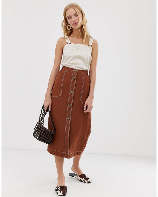 Mango Brown Contrast Stitch Midi Skirt