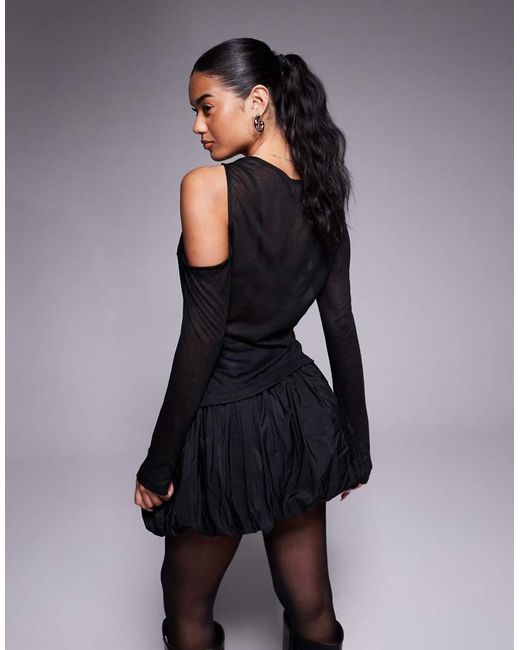 ASOS Blue Knit-look Semi Sheer Long Sleeve Top With Drape Cold Shoulder