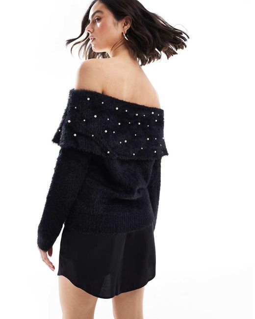 Lovedrobe Blue Pearl Embellished Bardot Jumper