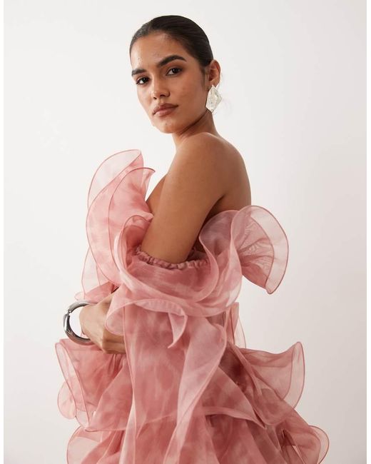 ASOS Pink Textured Organza Wired Ruffle Off-shoulder Mini Dress