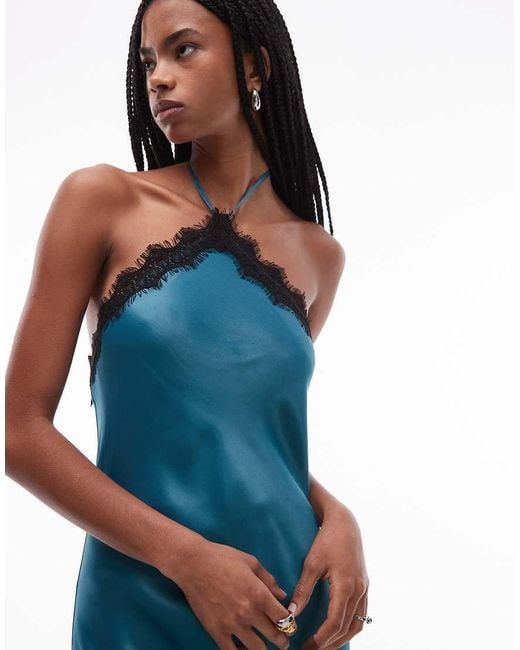 ASOS Blue Halter Neck Satin Slip Maxi Dress With Lace Trim