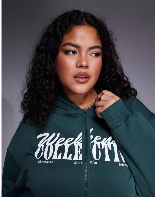 ASOS Blue Weekend Collective Curve Zip Through Hoodie With Mixed Font Graphic