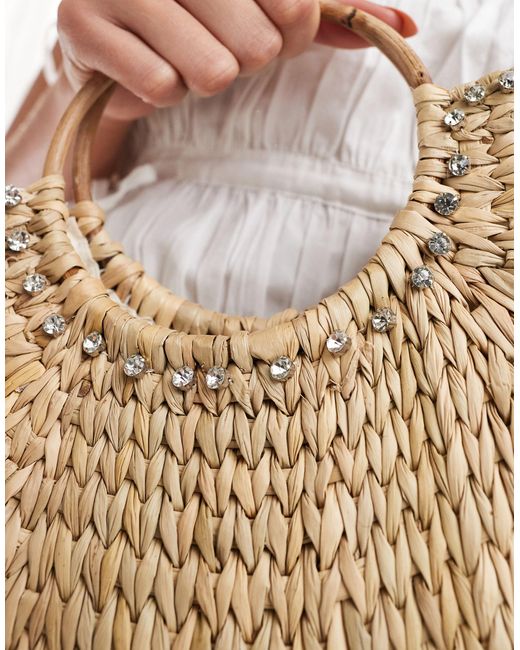 Glamorous Natural Embellished Rattan Beach Mini Grab Bag
