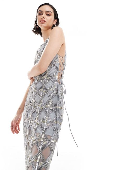 Vestido largo gris transparente con diseño a rombos ASOS de color Metallic