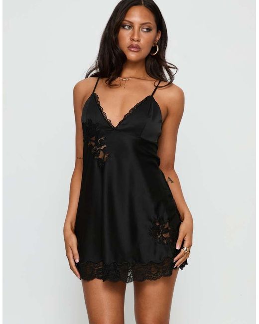 Princess Polly Black Aloura Satin Spliced Lace Detail Cami Mini Dress