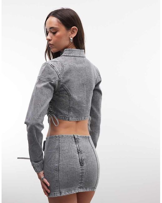 Liquor N Poker Gray Snap Collar Cropped Denim Biker Jacket With Tie Detail