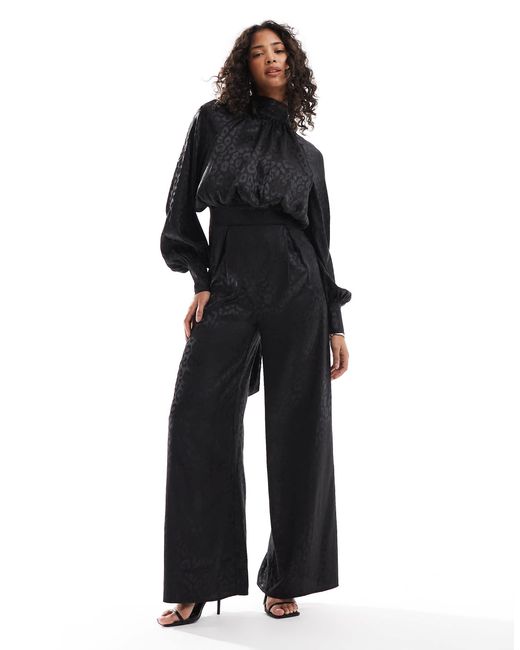 TFNC London Black High Neck Satin Jumpsuit With Long Sleeves
