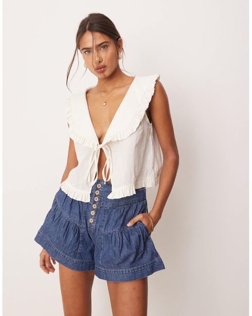 Free People Blue Fleur Tiered High Waist Denim Shorts