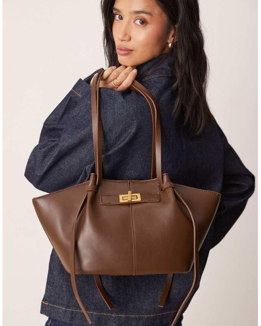 Gina Tricot Blue Small Faux Leather Tote Bag With Strap And Clutch Detail