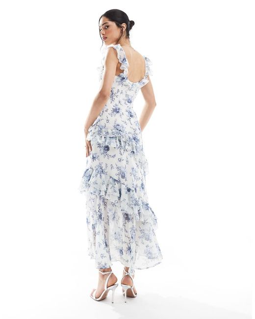 Vestido Midi Azul Con Estampado Floral Y Volantes Asimétricos De New Look de color Blue