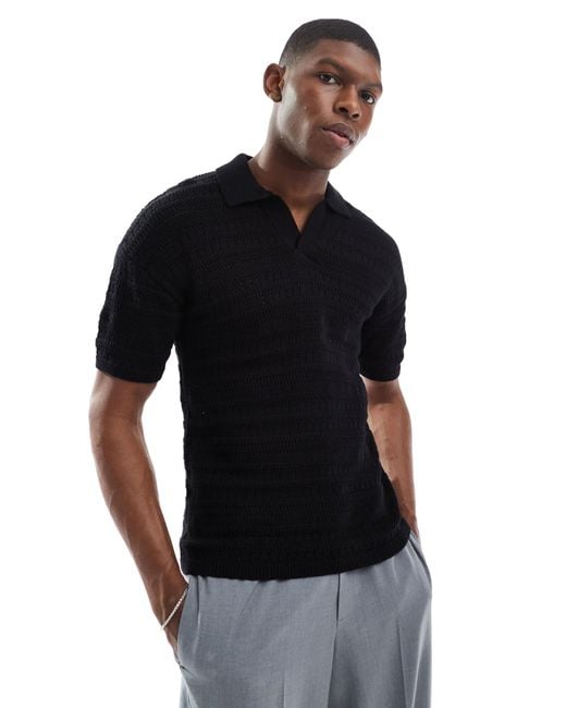 Only & Sons Black Drop Shoulder Open Knit Split Neck Polo for men