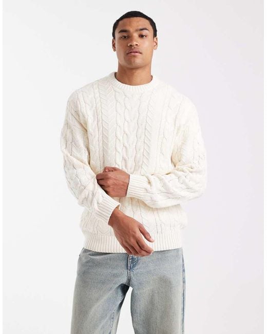 Only & Sons White Relaxed Cable Knit Jumper for men