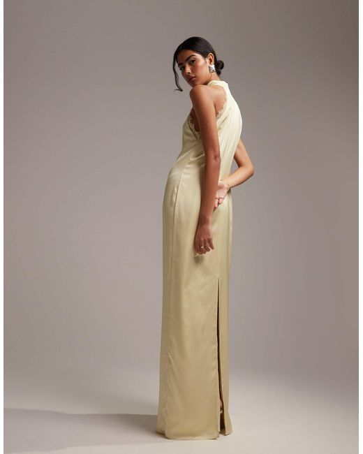 ASOS Natural Bridesmaids Lace Detail Halter Column Maxi Dress