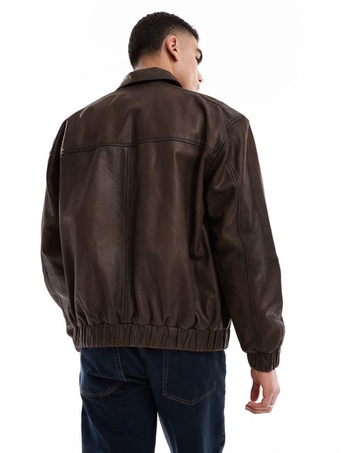 ASOS Black Oversized Real Leather Harrington Jacket for men