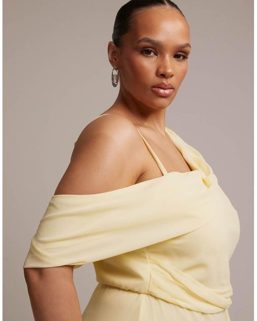 Tfnc Plus Metallic Bridesmaid Chiffon Fallen Shoulder Scarf Drape Detail Maxi Dress