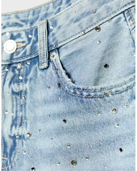 Stradivarius Blue Denim Bermuda Shorts With Rhinestones