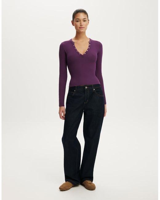 Cotton On Purple Ryan Henley Long Sleeve
