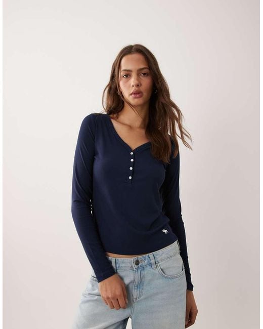 Abercrombie & Fitch Blue Long Sleeve Ribbed Henley Top