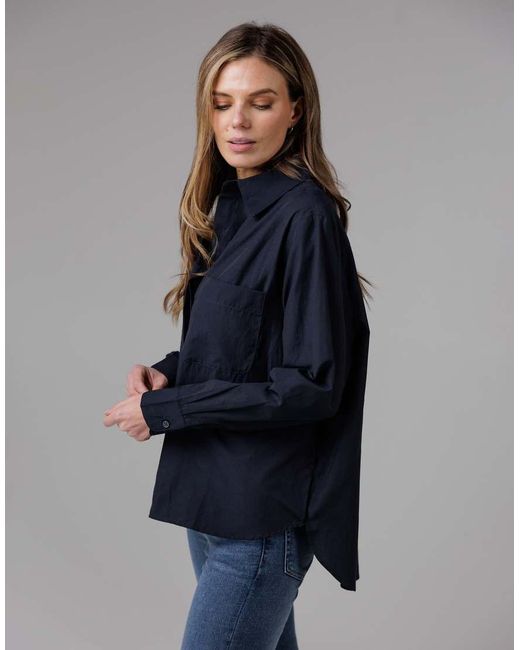 French Connection Blue Cotton Long Sleeve Chest Pocket Poplin Popover High-Low Hem Shirt