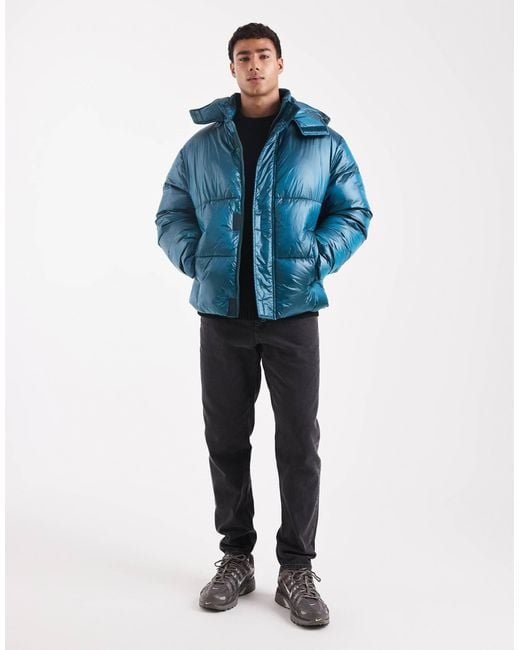 ASOS Blue High Shine Puffer Jacket for men