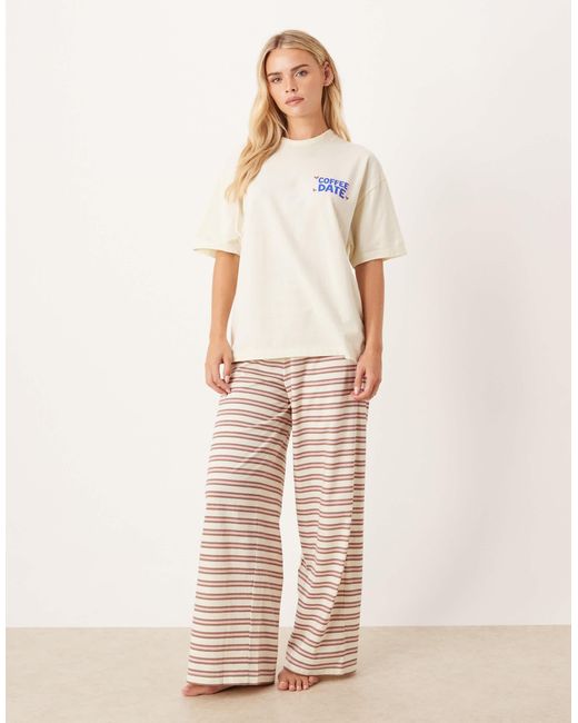 ASOS Blue Asos Design Petite Oversized Graphic Tee & Wide Leg Trouser Pyjama Set With Girly Coffee Print