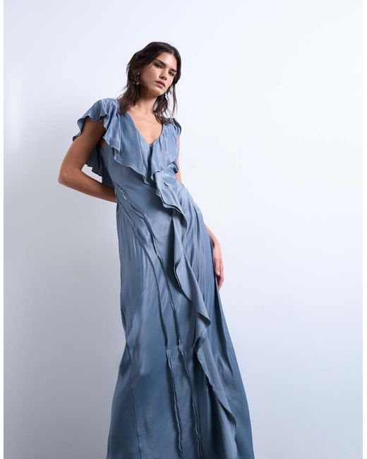 TOPSHOP Blue Raw Seemed Frill Maxi Dress