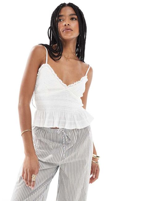 Stradivarius White V-neck Ruffle Top
