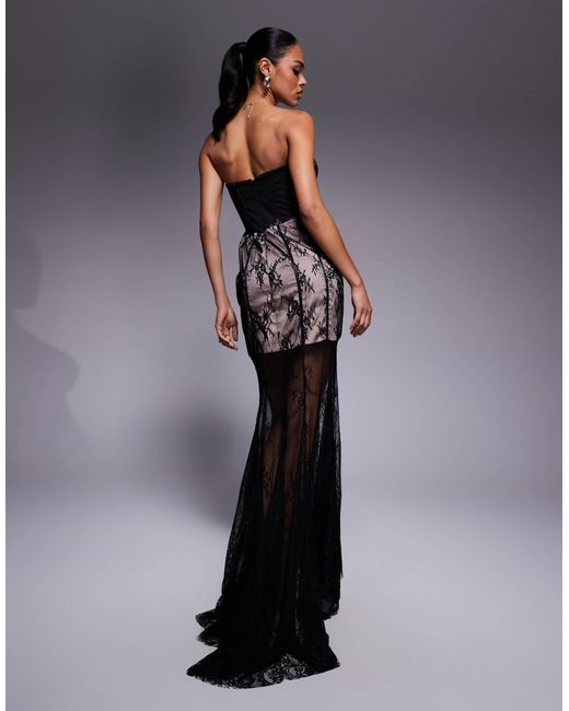 ASOS Blue Sculpted Boned Corset Detail Bandeau Lace Maxi Dress With Fishtail Hem And Contrast Lining