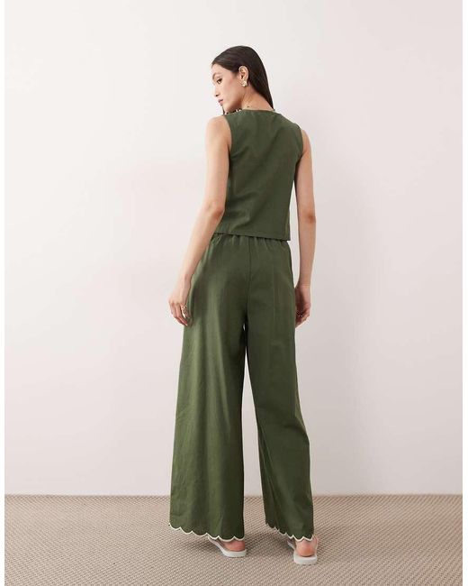esmé studios Green Tie Front Beach Pants With Cream Scallop Trim