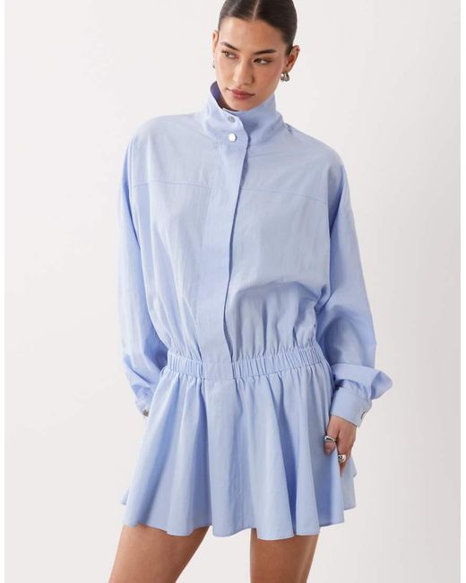 ASOS Blue Blouson Funnel Neck Mini Shirt Dress