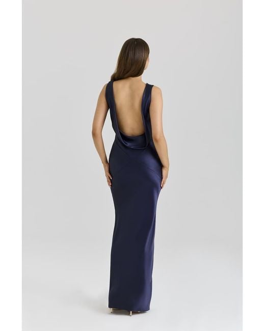 House Of Cb Blue Safaira Satin Draped Cowl Neck Maxi Dress