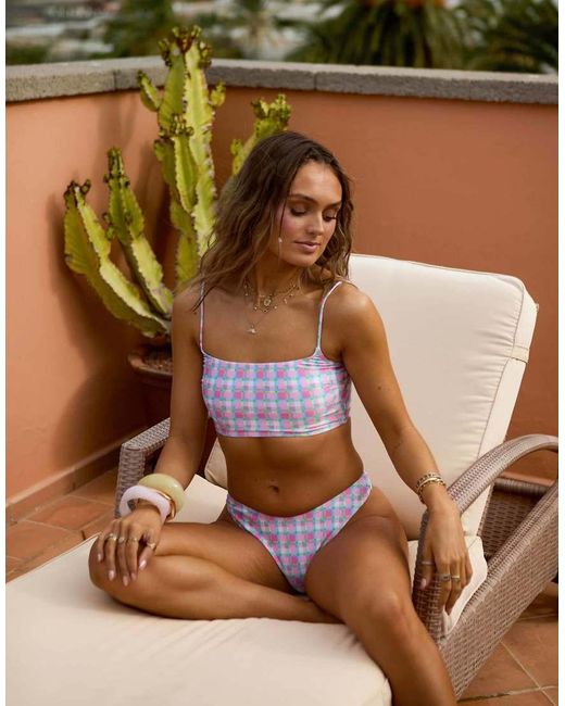 South Beach Brown X Misha Grimes Gingham Longline Crop Bikini Top